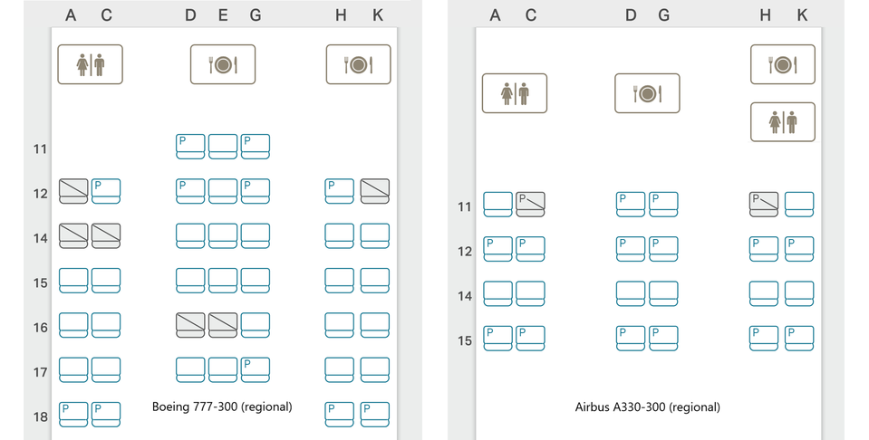 Cathay Pacific Boeing 777-300 (regional) and Airbus A330-300 (regional) business class seatmap.